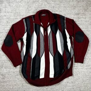 Vintage 90s Inserch 3D Textured Knit Zip Up Red Congo Style Sweater